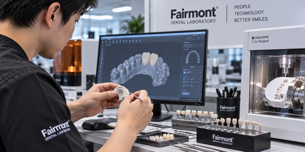 Dental technician checking a restoration beside CAD software and milling equipment
