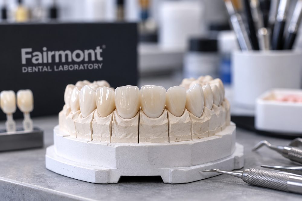 Finished ceramic restorations on a working model