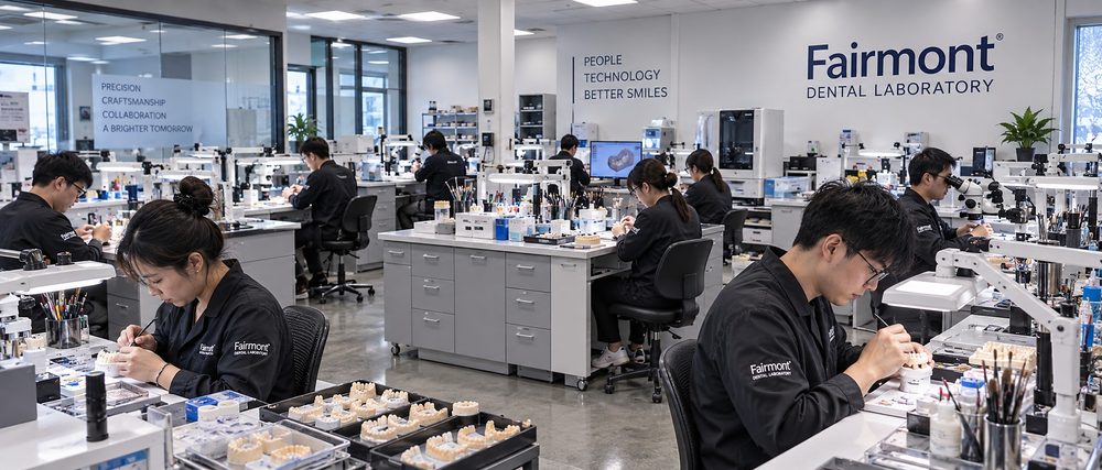 Dental technicians working at benches in a dental laboratory