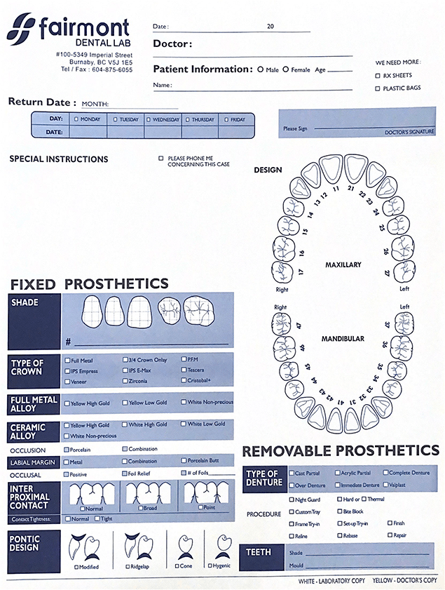 Download Fairmont Dental Lab Prescription Form