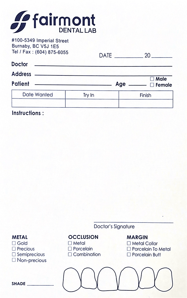Download Fairmont Dental Lab Prescription Form